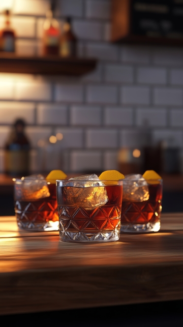 三杯威士忌酒置于吧台，背景为砖墙