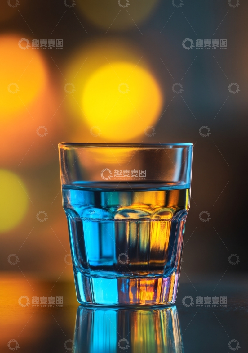 高清大图下载【趣麦麦图】玻璃杯中的蓝色液体与模糊灯光背景