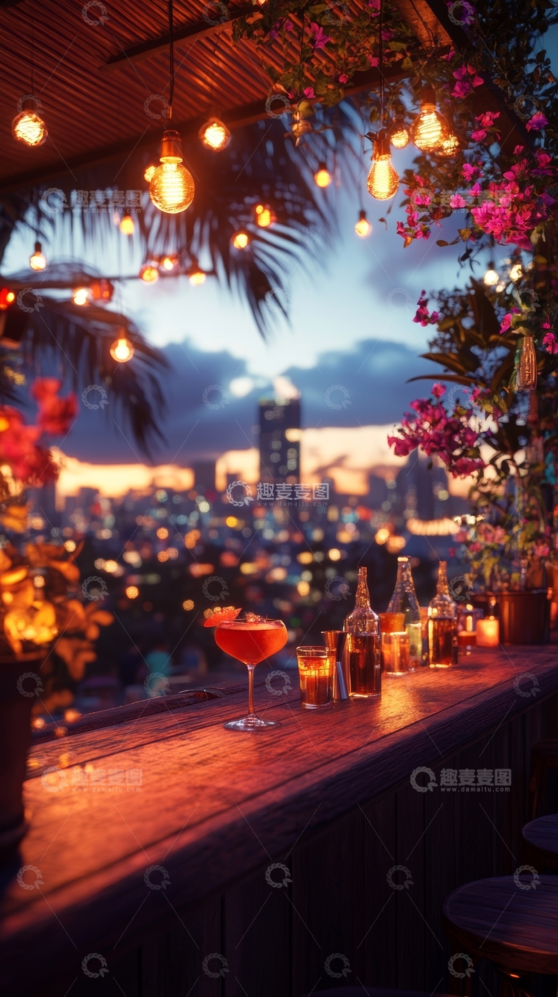 高清大图下载【趣麦麦图】屋顶酒吧夜景，城市灯火与鸡尾酒