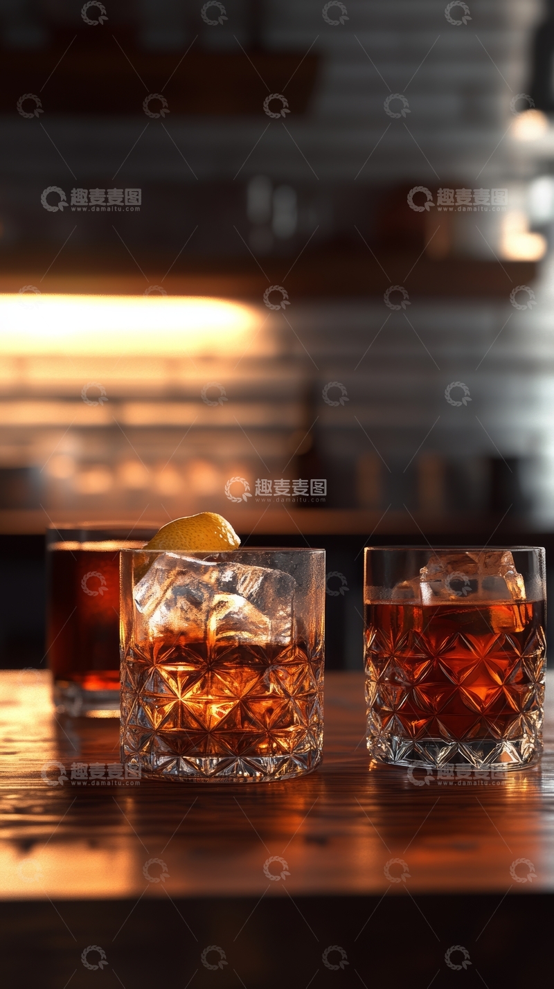 高清大图下载【趣麦麦图】三杯琥珀色鸡尾酒在温暖灯光下的吧台