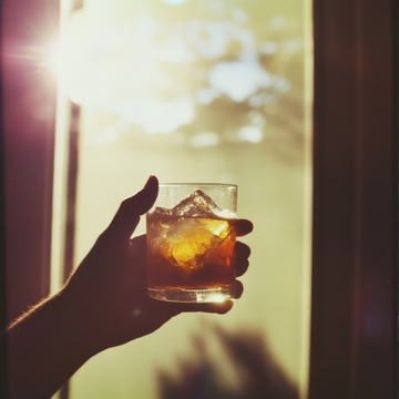 手握冰块威士忌，阳光透过窗户