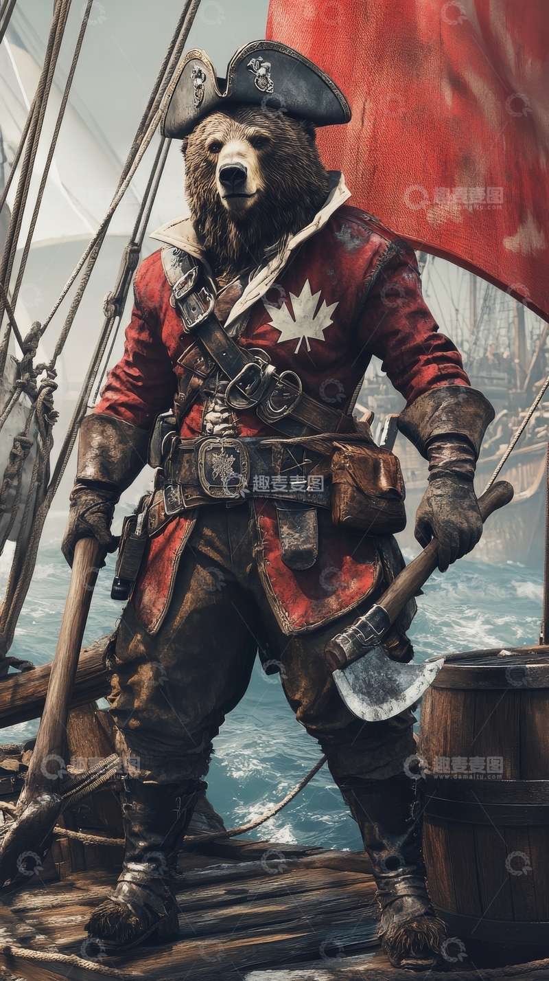高清大图下载【趣麦麦图】熊海盗船长在甲板上