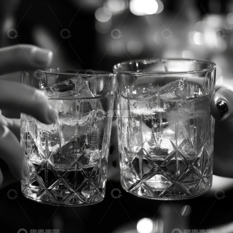 高清大图下载【趣麦麦图】黑白照片中的两只装有冰块的酒杯