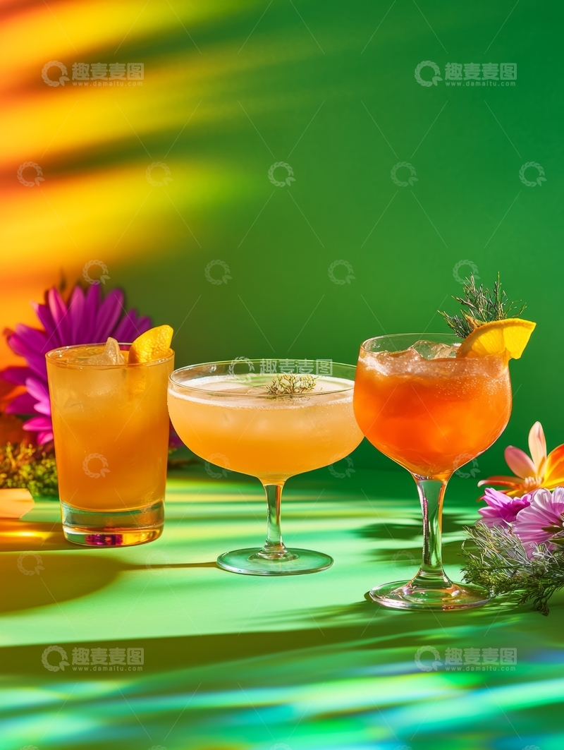 高清大图下载【趣麦麦图】三杯热带鸡尾酒在彩色背景前