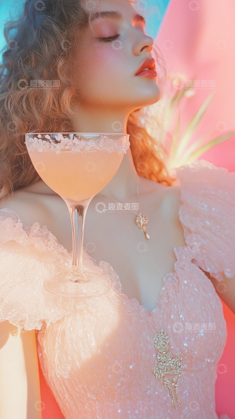 高清大图下载【趣麦麦图】梦幻装扮的女性手持粉色鸡尾酒