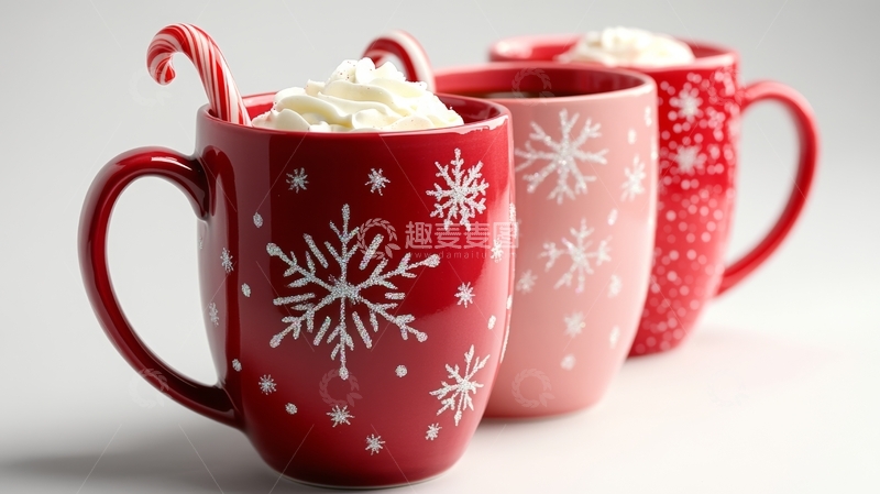 高清大图下载【趣麦麦图】三杯雪景图案的热饮，配以奶油和拐杖糖