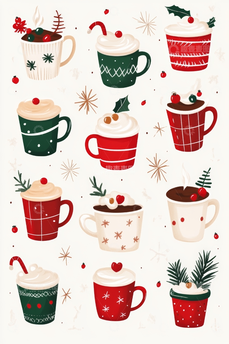高清大图下载【趣麦麦图】节日热饮插画：多彩杯子与圣诞装饰