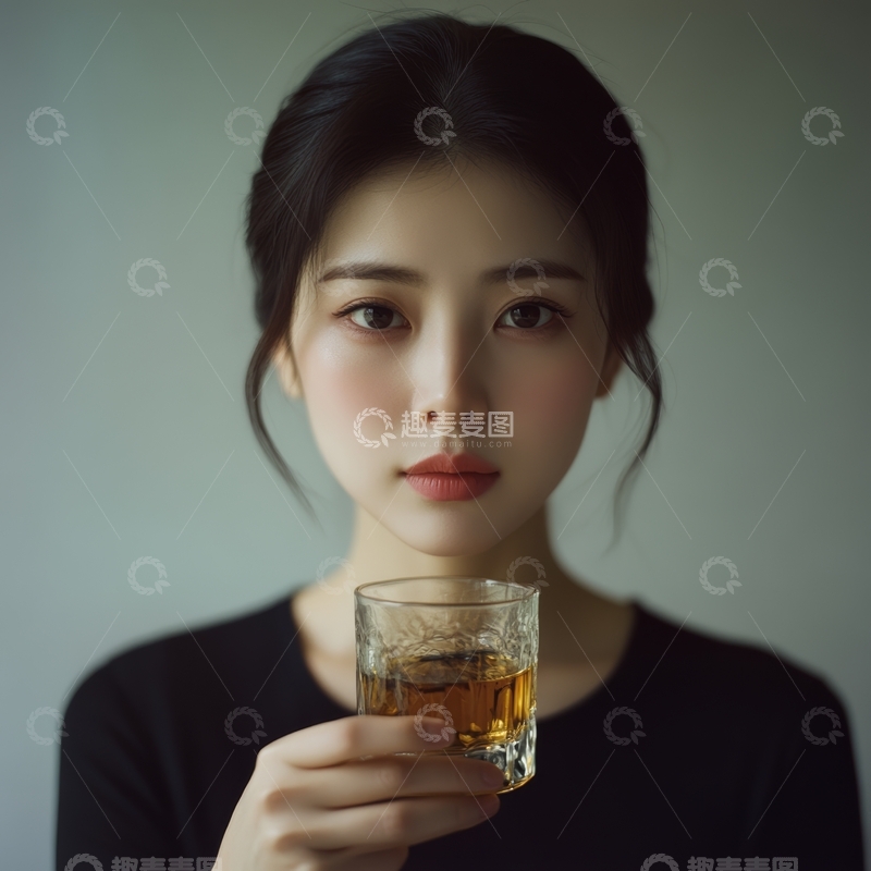 高清大图下载【趣麦麦图】女子手持透明酒杯，神情专注