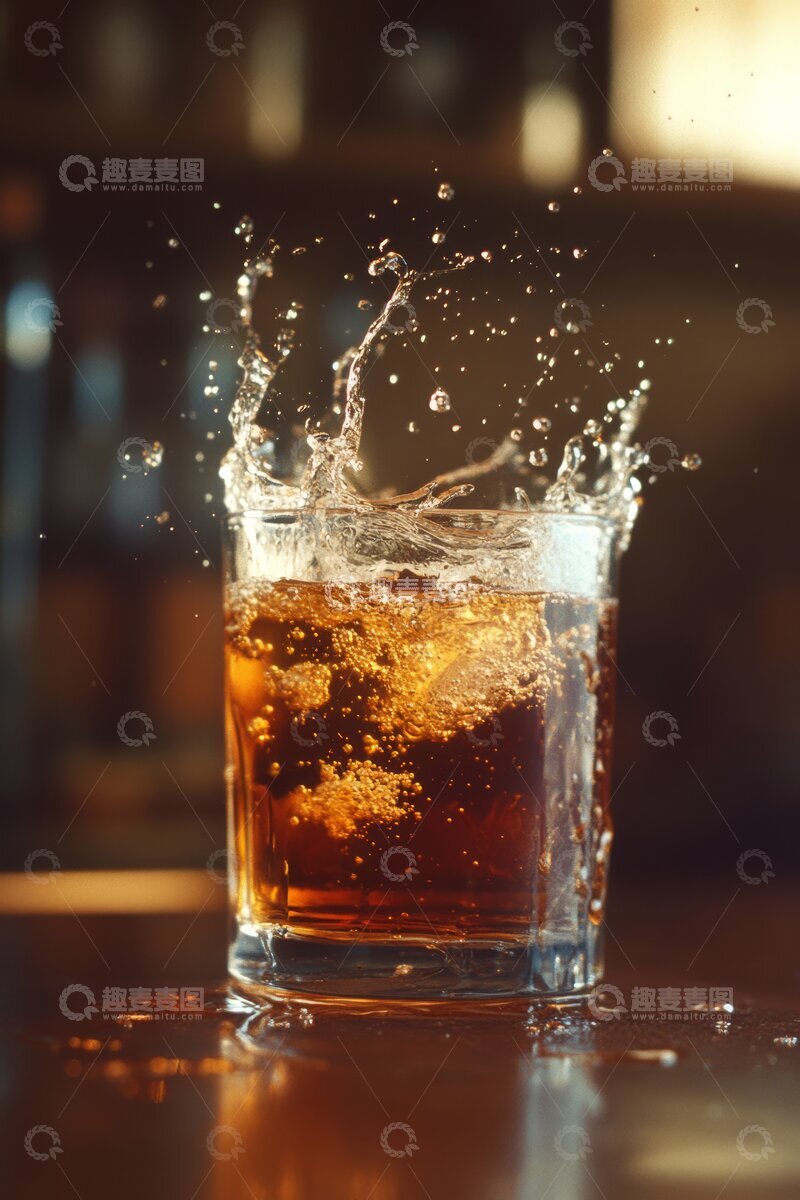 高清大图下载【趣麦麦图】琥珀色液体在玻璃杯中溅起的瞬间