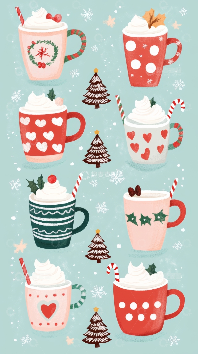 高清大图下载【趣麦麦图】节日热饮插画：多样杯子与圣诞装饰