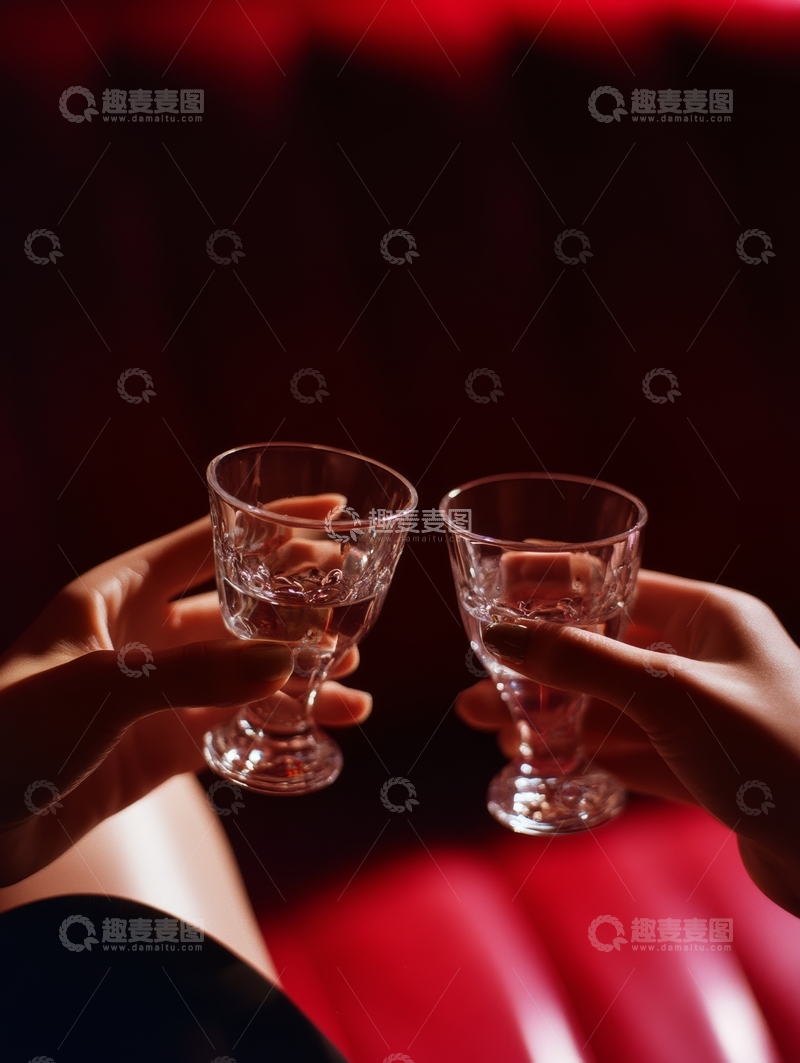 高清大图下载【趣麦麦图】双手举杯，红色背景下的温馨时刻