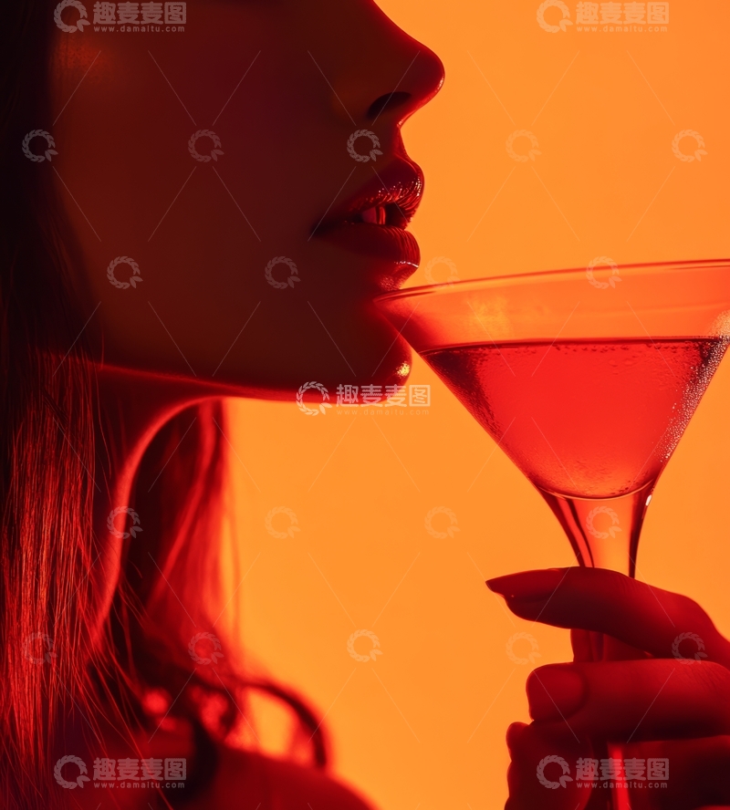 高清大图下载【趣麦麦图】橙色光影中品酒的女性侧脸