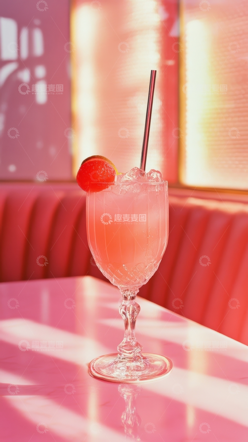 高清大图下载【趣麦麦图】粉色鸡尾酒杯置于阳光下的餐桌