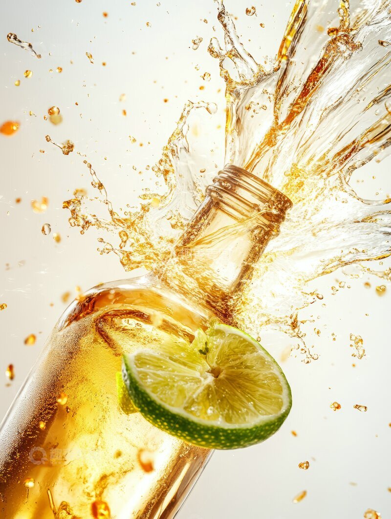 高清大图下载【趣麦麦图】柠檬切片与酒瓶碰撞，液体四溅