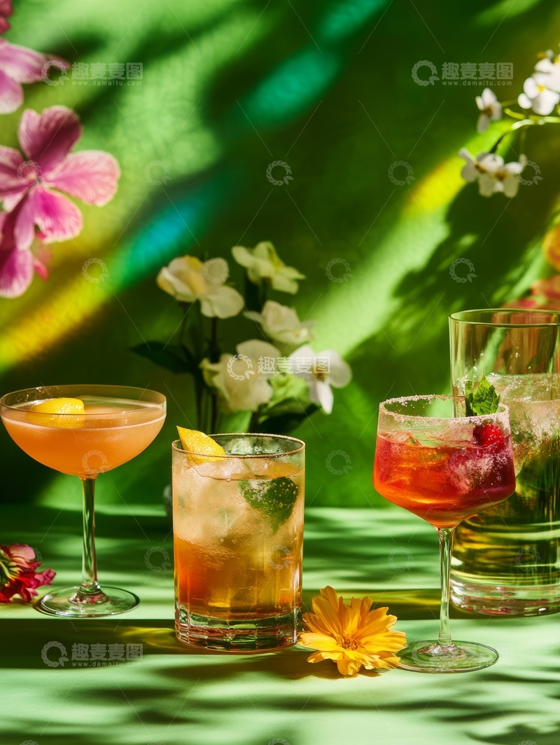 高清大图下载【趣麦麦图】色彩斑斓的鸡尾酒与花卉装饰