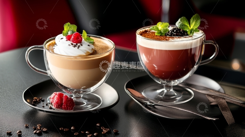 高清大图下载【趣麦麦图】精致咖啡饮品，配以奶油和浆果装饰