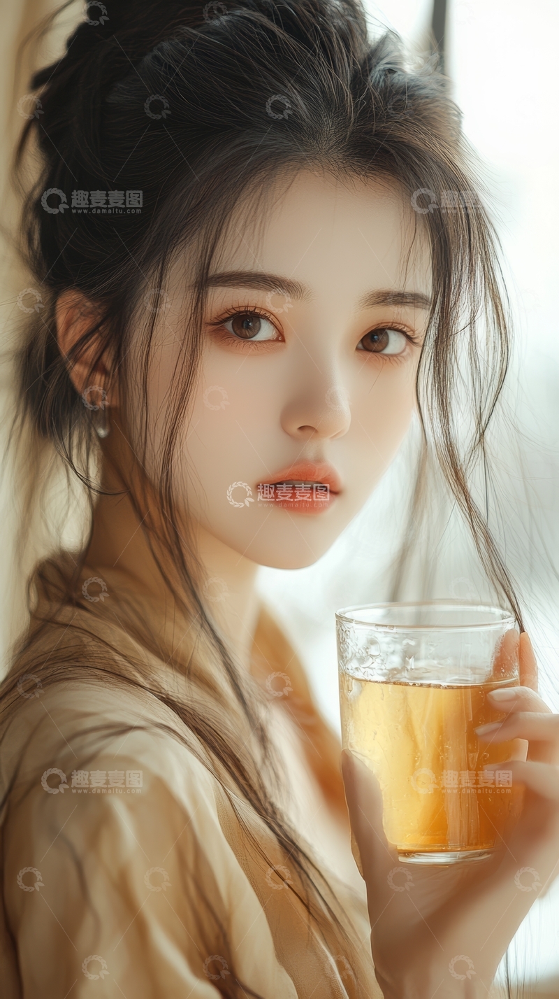 女子手持茶杯，神情宁静