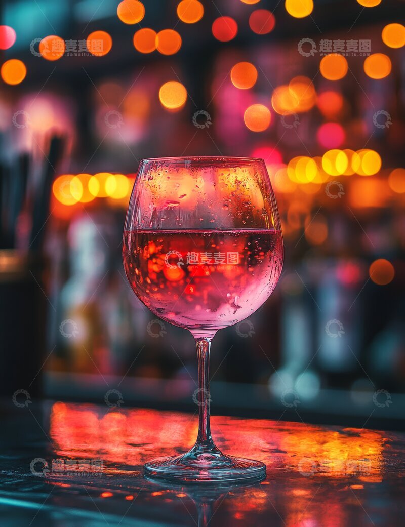 高清大图下载【趣麦麦图】酒杯中的红色饮品，背景灯光闪烁