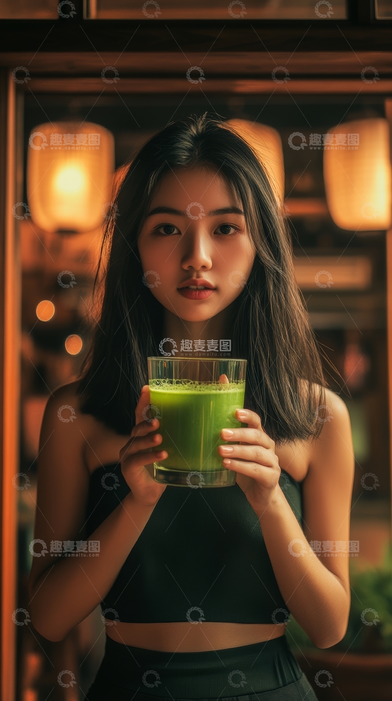女子手持绿色饮品，背景温暖灯光