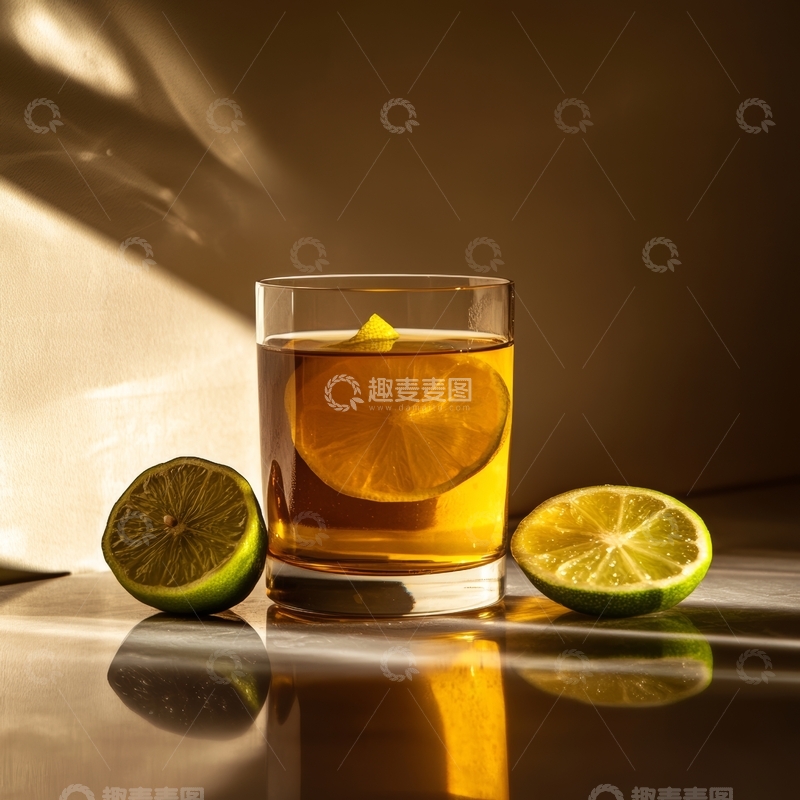 高清大图下载【趣麦麦图】金黄色饮品与青柠的静物组合