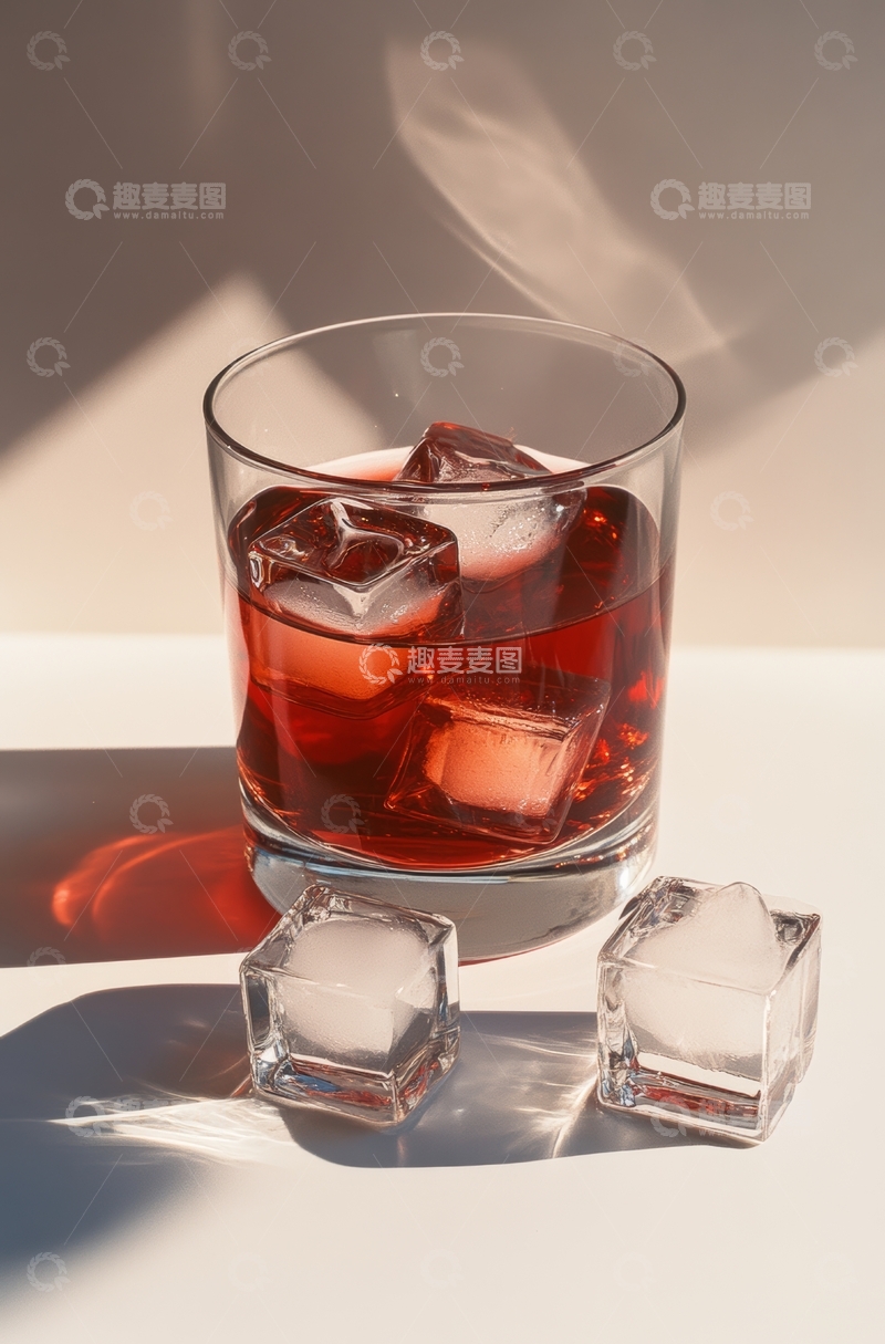 高清大图下载【趣麦麦图】冰块与红色饮品的静物组合