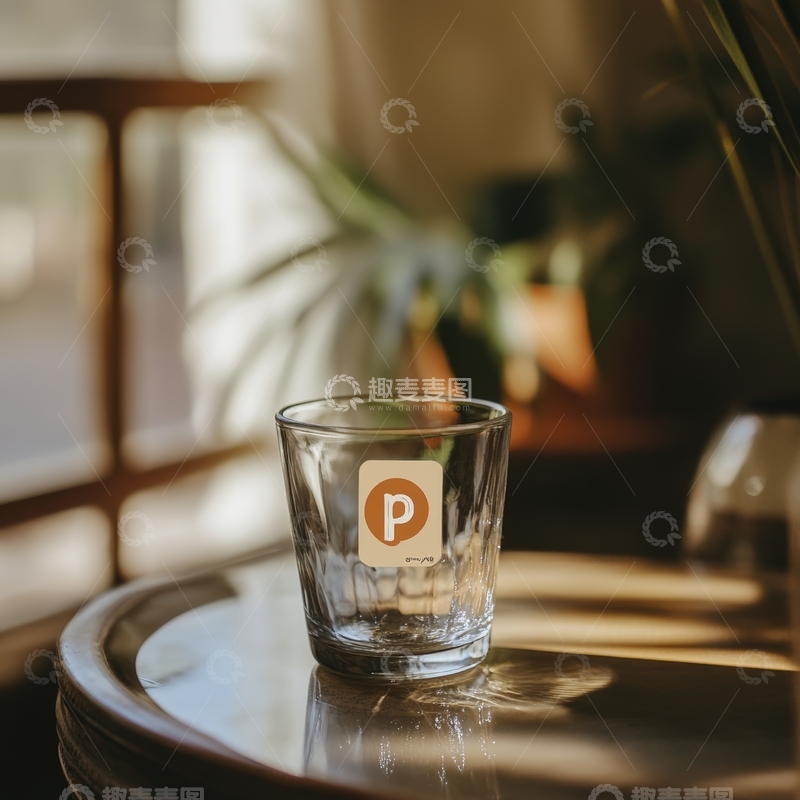 高清大图下载【趣麦麦图】透明玻璃杯置于木质桌面上