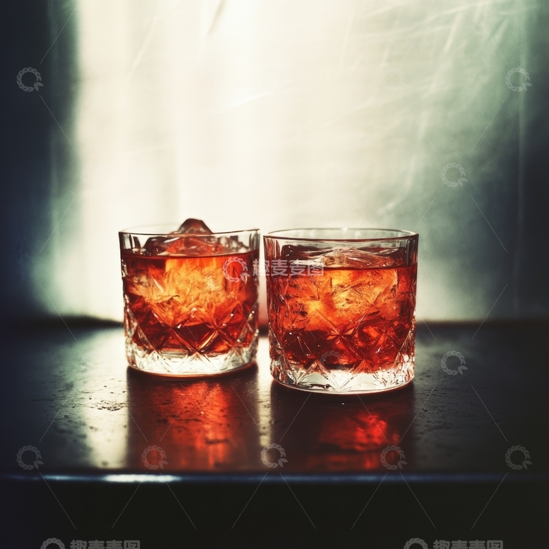 高清大图下载【趣麦麦图】两杯冰镇琥珀色饮品在柔和光线下