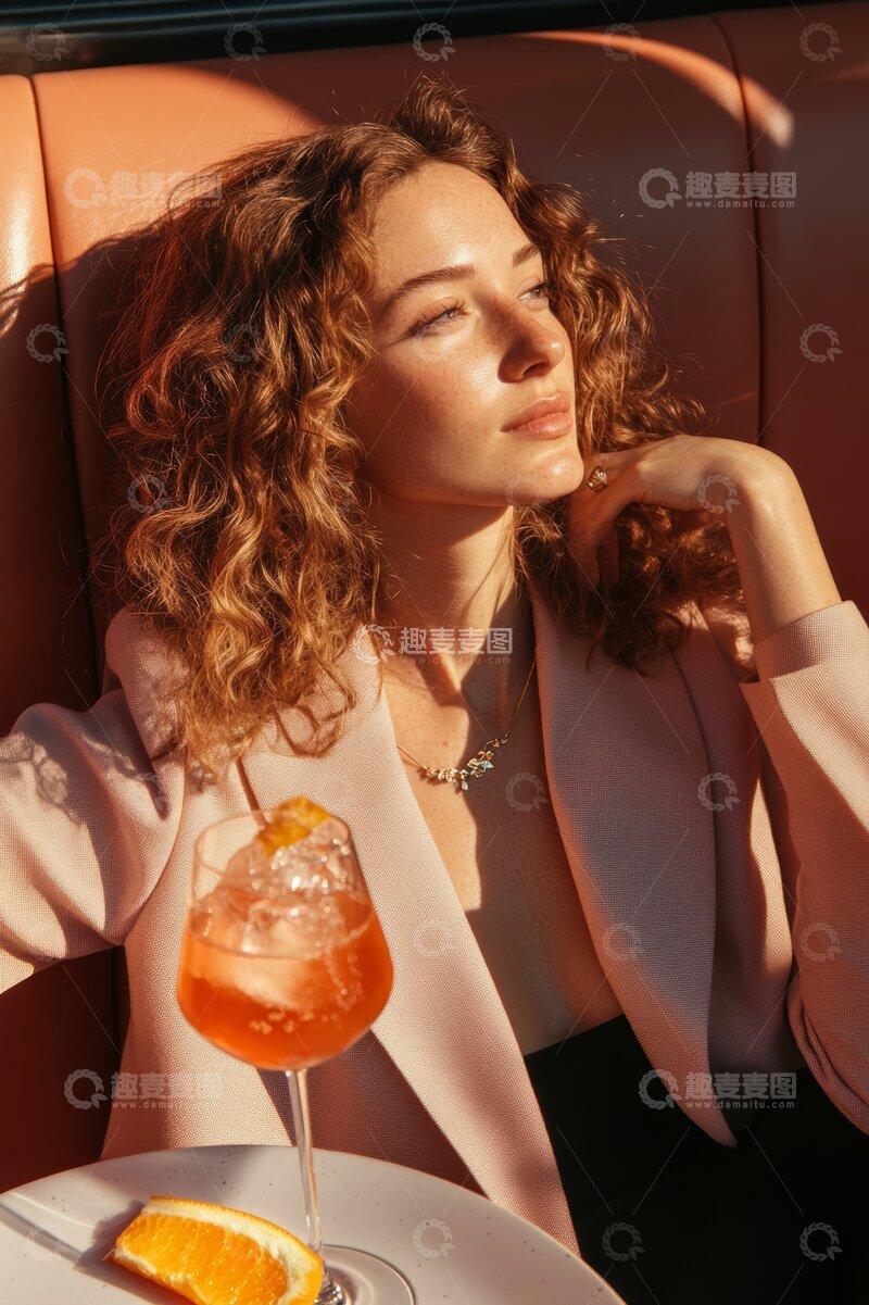 高清大图下载【趣麦麦图】女性手托脸颊，身旁放置橙色饮品