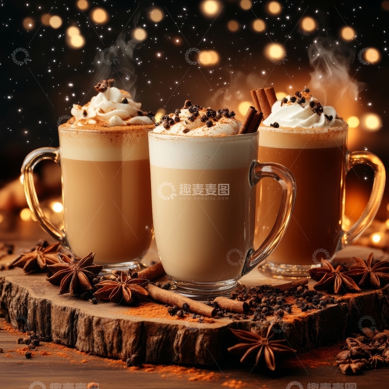 高清大图下载【趣麦麦图】三杯热饮配以奶油和香料