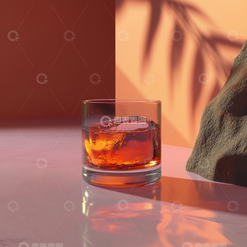 高清大图下载【趣麦麦图】冰块威士忌玻璃杯与光影装饰