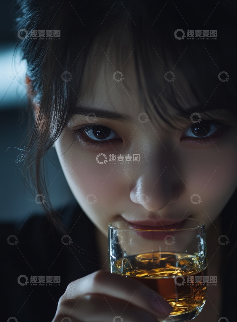 女子手持酒杯，眼神深邃