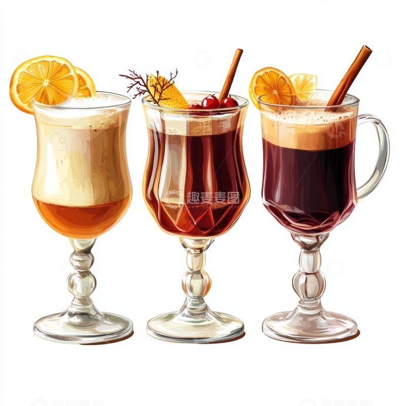 高清大图下载【趣麦麦图】三杯热饮，装饰橙片与肉桂