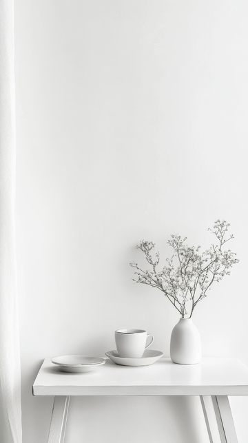 简约白色室内一角，花瓶与咖啡杯