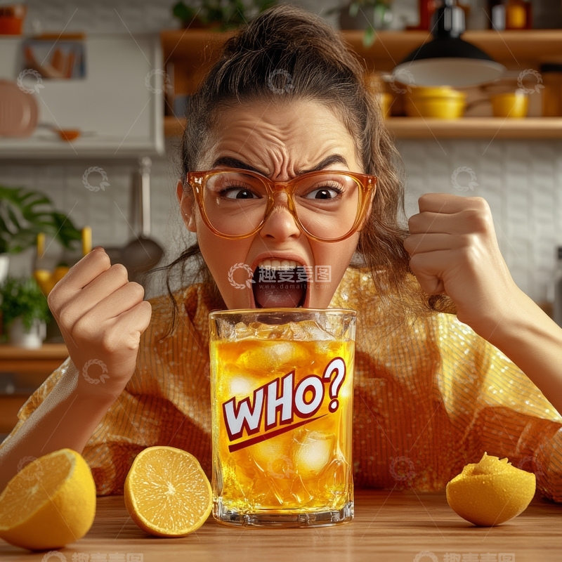 高清大图下载【趣麦麦图】女子厨房中握拳大喊，面前摆放柠檬饮品