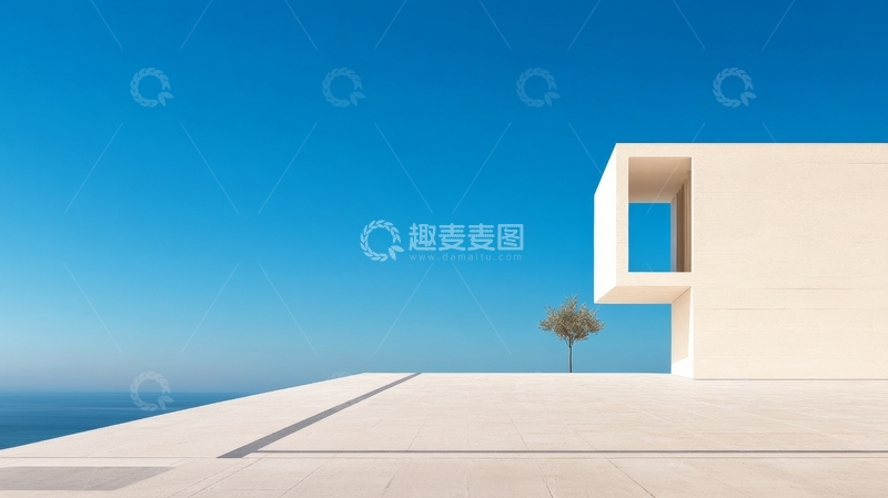 高清大图下载【趣麦麦图】现代建筑与蓝天下的孤树