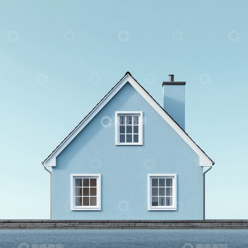 高清大图下载【趣麦麦图】蓝色小屋在晴空下的简洁外观