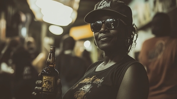 戴帽墨镜女子手持酒瓶