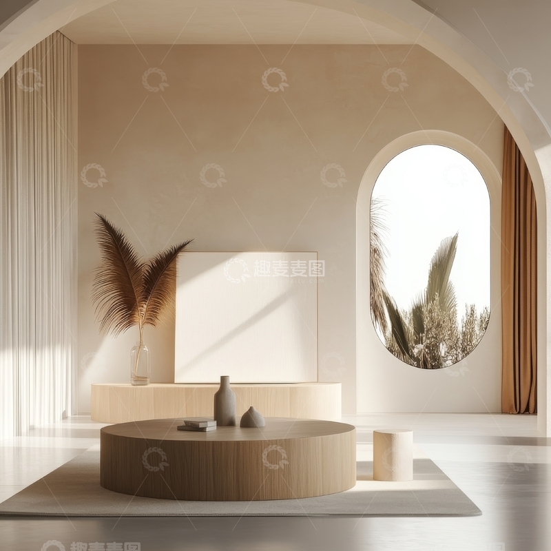 高清大图下载【趣麦麦图】简约室内设计，圆形窗景与木质装饰