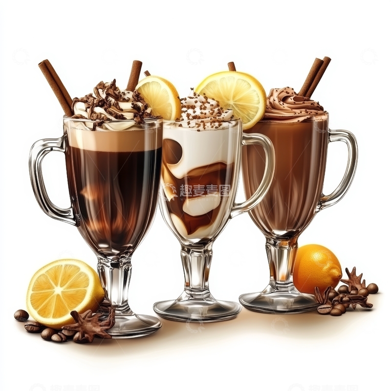 高清大图下载【趣麦麦图】三杯热饮，搭配柠檬与巧克力装饰