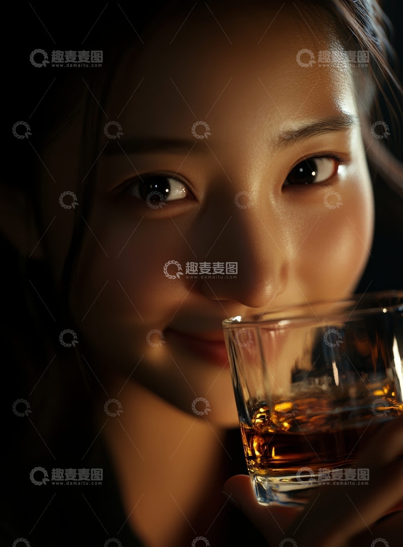 高清大图下载【趣麦麦图】女子手持酒杯，微光映照面容