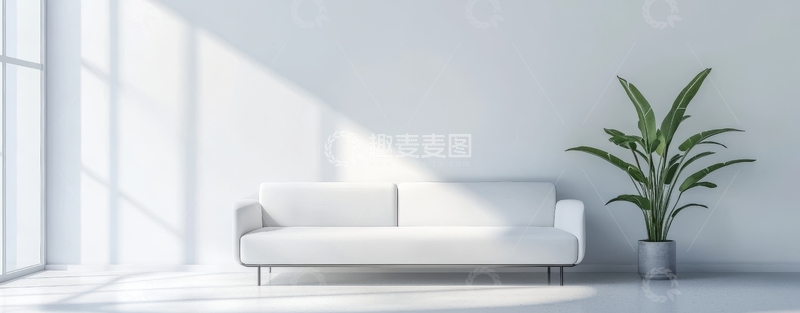 高清大图下载【趣麦麦图】简约白色客厅，沙发与绿植点缀