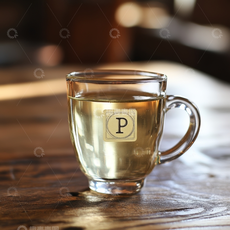 高清大图下载【趣麦麦图】透明玻璃杯中的茶水置于木质桌面上