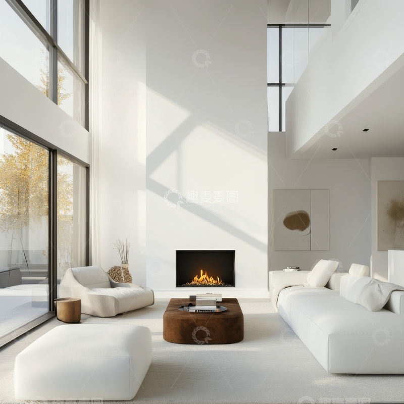 高清大图下载【趣麦麦图】现代简约客厅，壁炉与大窗设计