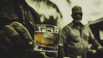 手持威士忌杯，背景模糊人物