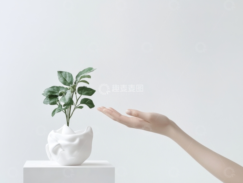 高清大图下载【趣麦麦图】手触碰盆栽，象征自然与人类的互动