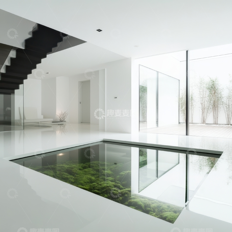 高清大图下载【趣麦麦图】现代室内设计，玻璃地板下的绿色植物