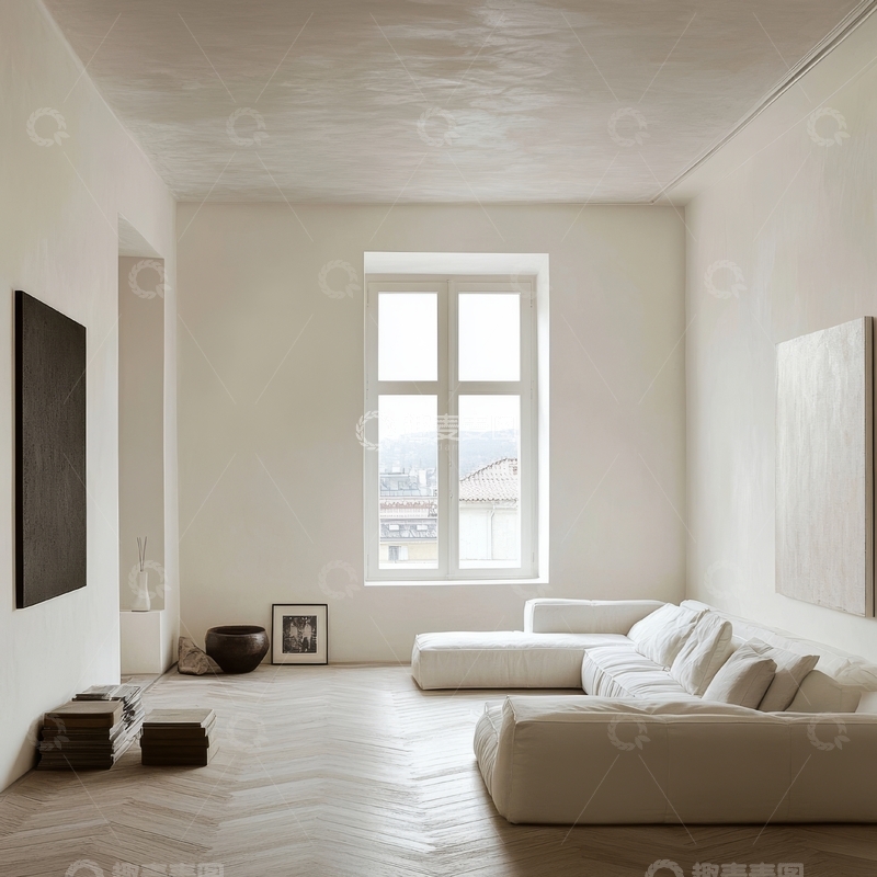 高清大图下载【趣麦麦图】简约现代客厅，白色沙发与大窗设计