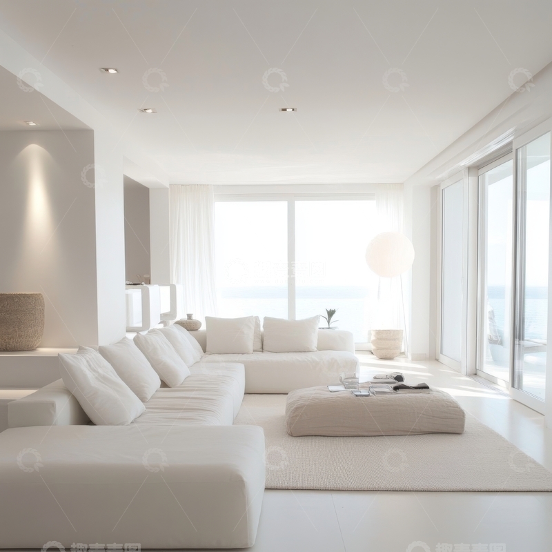 高清大图下载【趣麦麦图】现代简约客厅，白色沙发与大面积落地窗