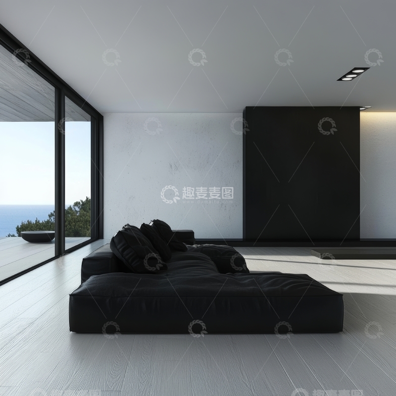 高清大图下载【趣麦麦图】现代简约客厅，黑色沙发与大面积落地窗