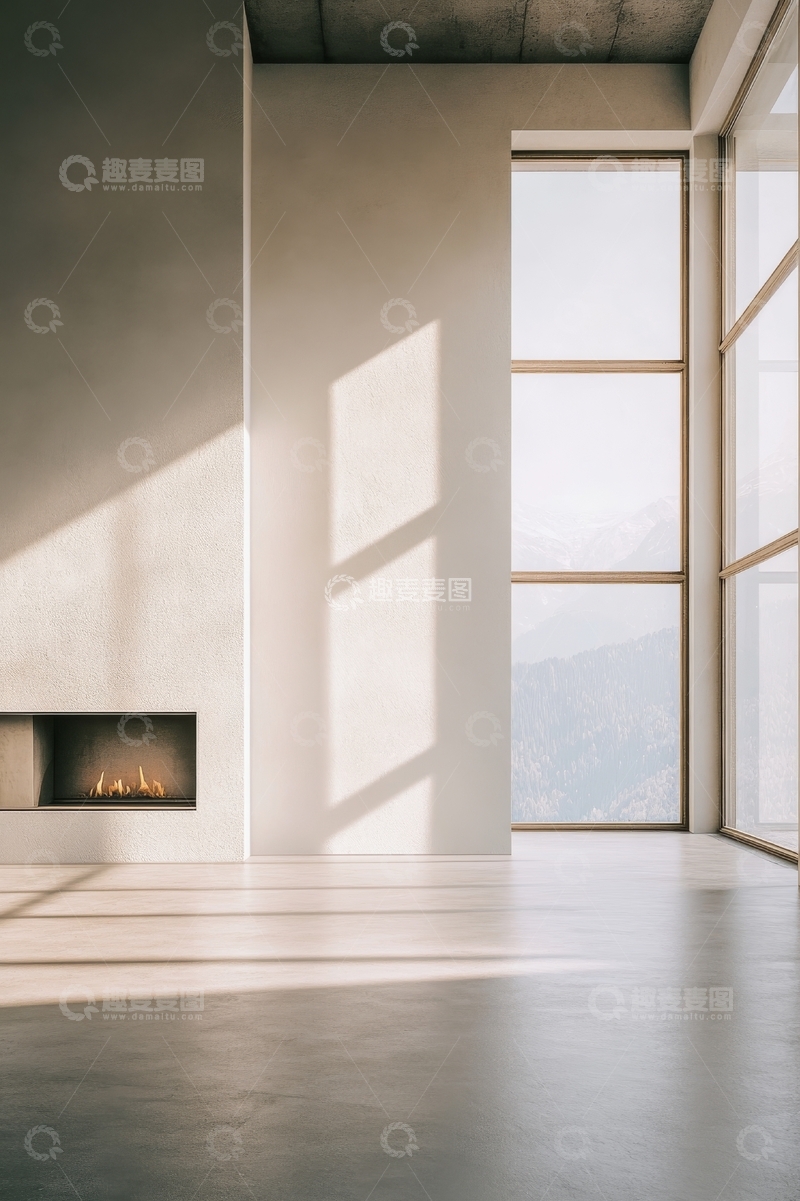 高清大图下载【趣麦麦图】现代室内设计，壁炉与大窗采光